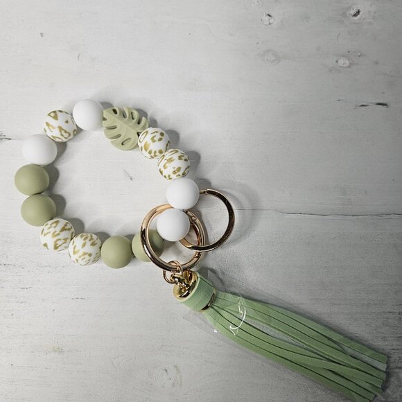 Pastel Green Silicone Bead Stretch Bracelet Keychain with Tassel - Picture 2 of 3